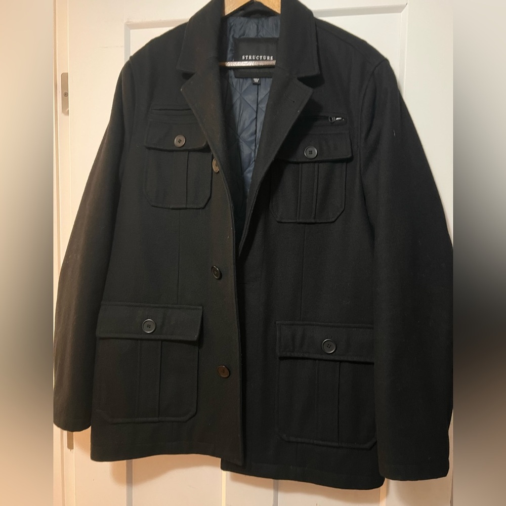 Vintage Structure Black Wool Field Jacket Men M Quilted Military Utility Coat